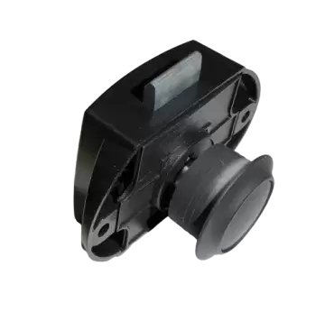 Schwarzer Druckknopfverschluss mit Rosette für Schubladen und Schränke im Wohnwagen, Wohnmobil und Camper.