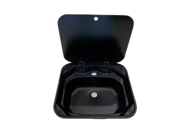 Schwarzes Waschbecken mit Glasdeckel 420x370 für Wohnwagen, Wohnmobile und Camper.