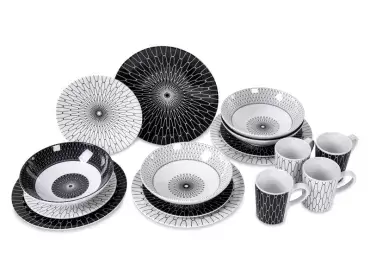 Hochwertiges schwarz-weißes Melamingeschirr für 4 Personen, 16-tlg., Camping-Caravaning.