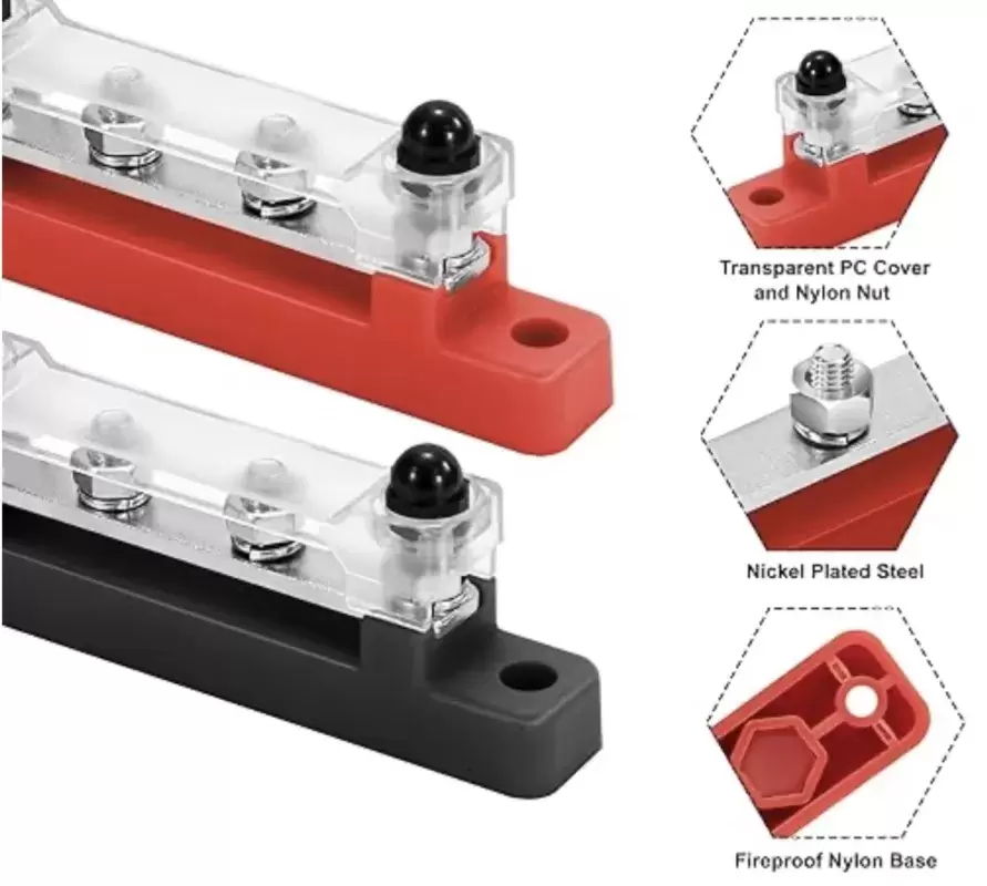 Barra ROJA de 4 conexiones Busbar 150AH POSITIVO más cubierta para instalaciones en autocaravanas y camper.