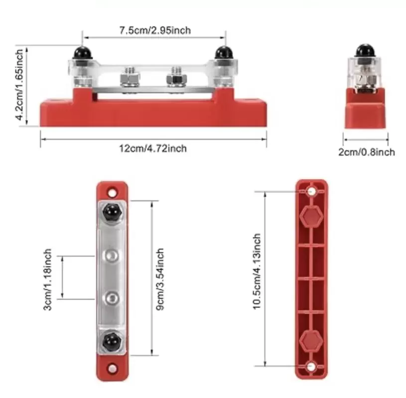 Barra ROJA de 4 conexiones Busbar 150AH POSITIVO más cubierta para instalaciones en autocaravanas y camper.