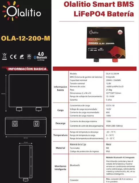 Batería de Litio bajo asiento 200Ah 12.8V LiFePO4 Smart BMS con Bluetooth para Autocaravana y camper. Dimensiones (L x W x H) mm: 357 * 338 * 152mm